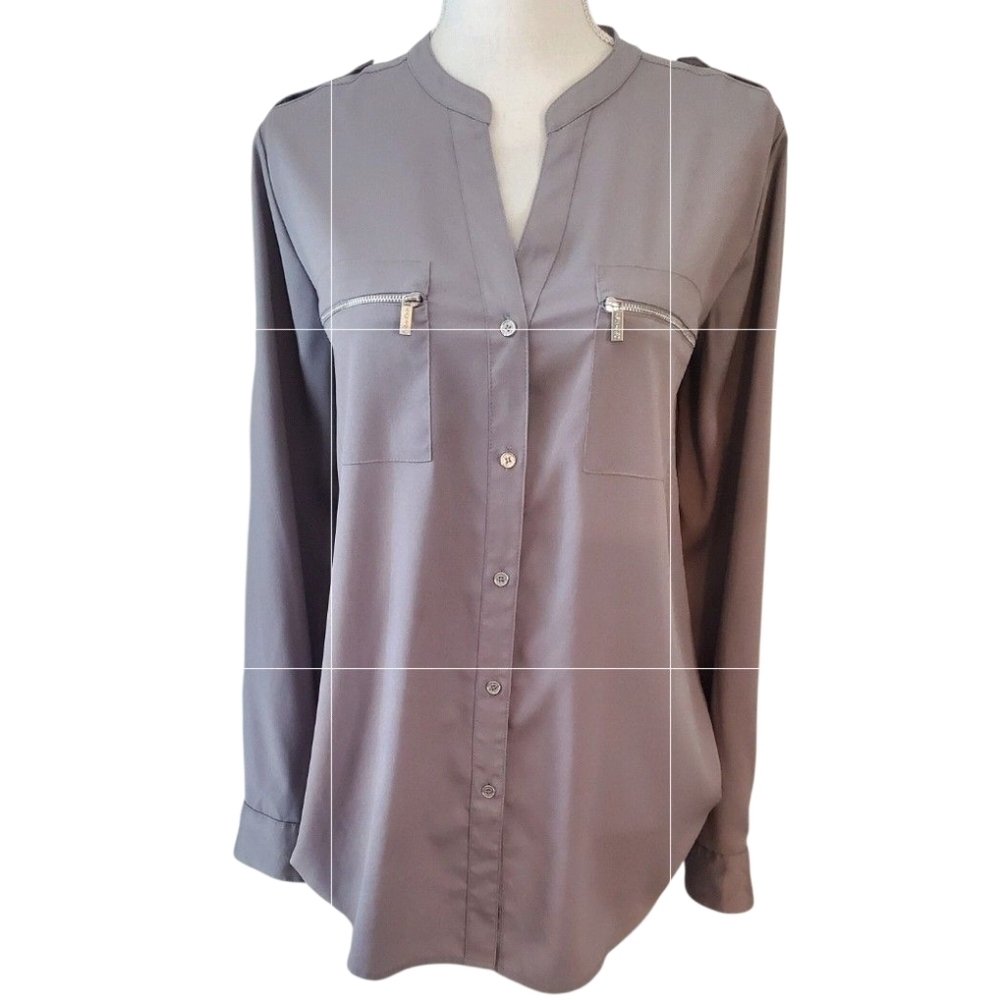 Calvin Klein Gray Roll Tab Long Sleeve Button Down Blouse Zipper Pockets Size L - Picture 3 of 10